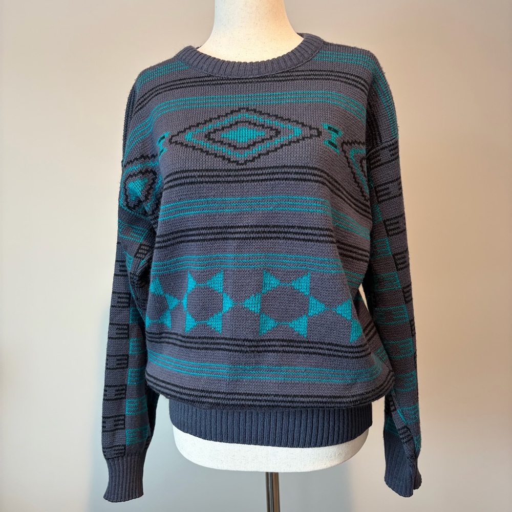 Vintage Royal Knight 80s Geometric Knit Sweater - Teal and Gray